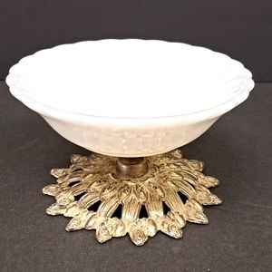 Vintage Hollywood Regency milk glass soap dish on ornate metal pedestal